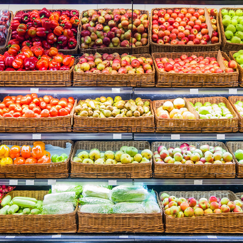 Bins of produce in a market