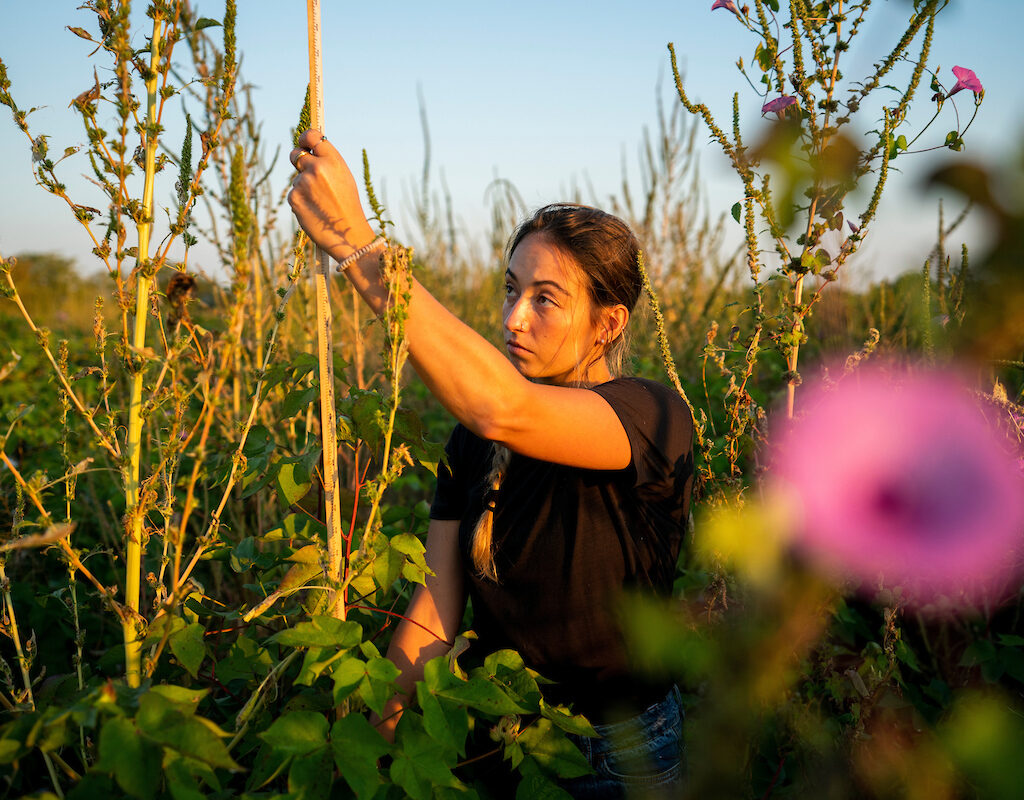 Woman holding measuring stick in flower field