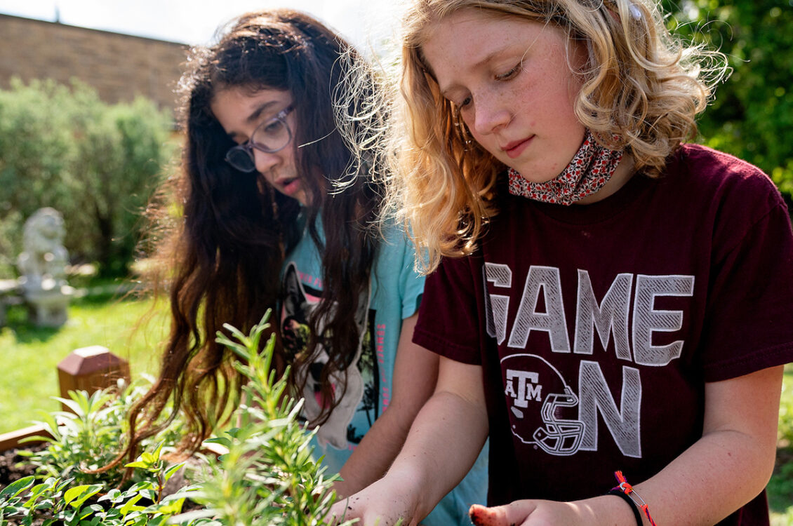 Two children planting a garden