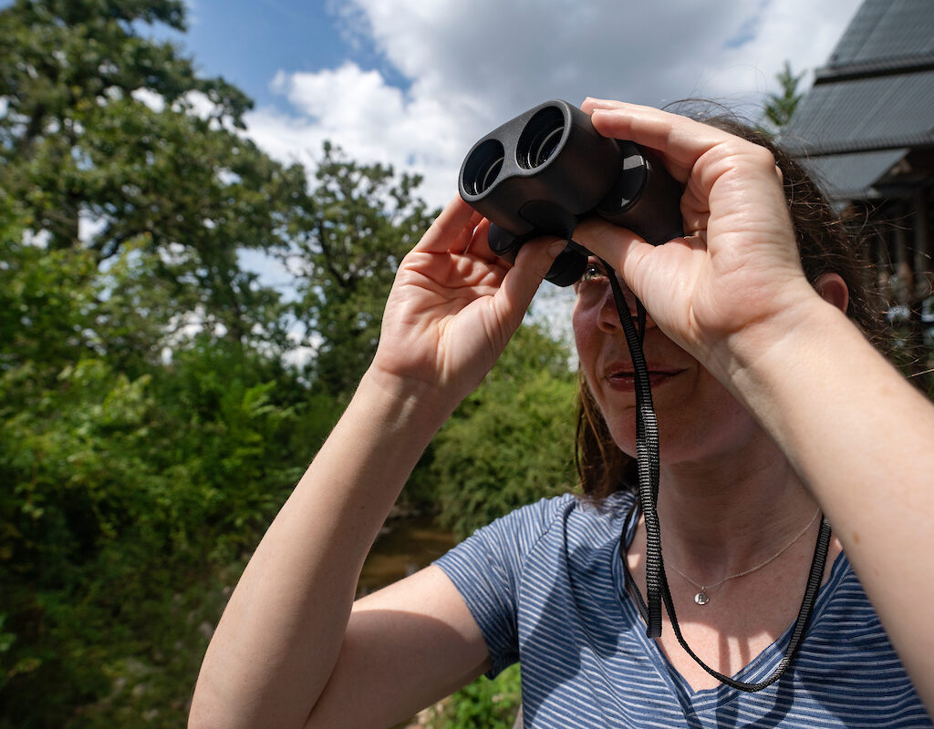 Woman birdwatching with binoculars