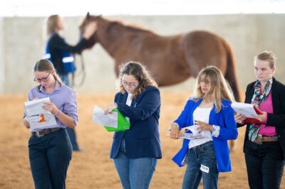 Teens standing with clipboards in a horse arena