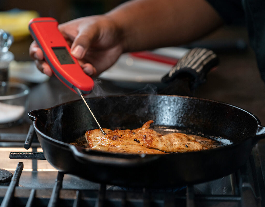 food thermometer in a pan of meat