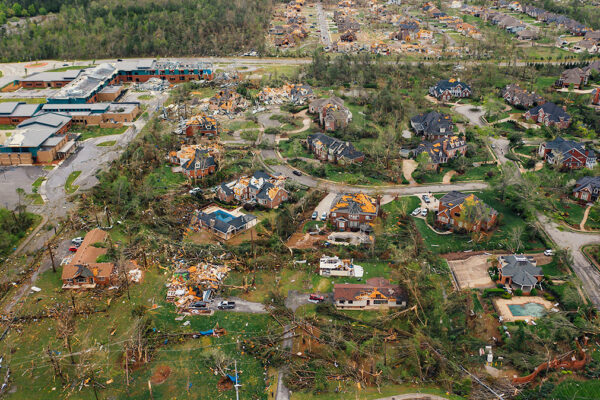 aerial view of tornado damage