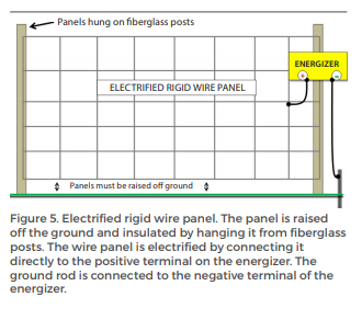 Figure 5. Electrified rigid wire panel. The panel is raised off the ground and insulated by hanging it from fiberglass posts. The wire panel is electrified by connecting it directly to the positive terminal on the energizer. The ground rod is connected to the negative terminal of the energizer.